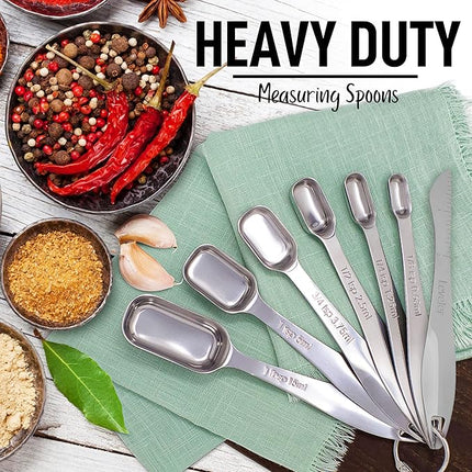 Zulay Heavy Duty Stainless Steel Measuring Spoons with Easy to Read, Slim Design for Narrow Spice Jars, 6 Piece Measuring Spoons with Etched Markings & Removable Clasp, Table Spoons Measuring Spoon