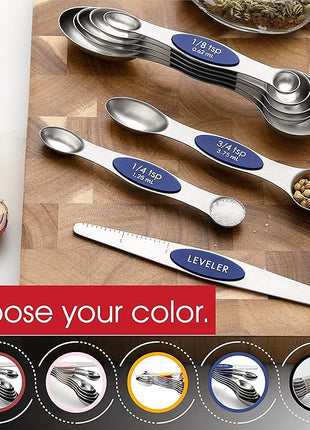 Spring Chef Stainless Steel Magnetic Measuring Spoons Set of 8 with Leveler, Heavy Duty Teaspoon & Tablespoon Measuring Spoons With Strong N45 Magnets, Kitchen Gadgets for Baking & Cooking - Sapphire