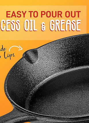 NutriChef 3pc Cast Iron Skillet Set - Nonstick Pans with Drip Spout, Silicone Handles, For All Cooktops