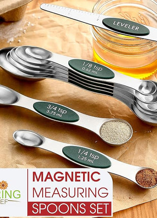Spring Chef Stainless Steel Magnetic Measuring Spoons Set of 8 with Leveler, Stackable Magnetic Teaspoon & Tablespoon Set, Metal Kitchen Gadgets for Baking & Cooking, Fits in Spice Jars - Pine Green
