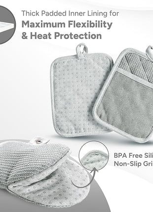 Casa Platino Heat Resistant Oven Mitts & Potholders, 4-Piece – Oven Mitts and Pot Holders Sets for Baking, Grilling & Microwave – Withstands Heat Up to 500°F, Non-Slip, Machine Washable – Grey