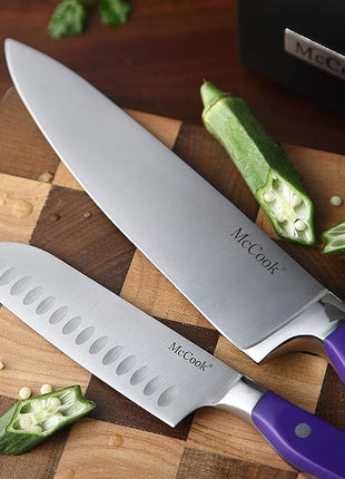 McCook MC27 14 Pieces Stainless Steel kitchen knife set with Wooden Block, Kitchen Scissors and Built-in Sharpener, Purple
