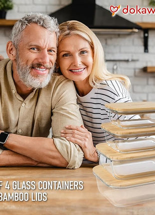 Set of 4 Stackable Space-Saving Nesting Glass Containers with Airtight Bamboo Lids - Lunch, Meal & Food Prep - Microwave & Oven Safe BPA Free Durable Heat Resistant Inert Borosilicate Glass