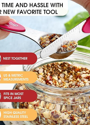 Spring Chef Pink Stainless Steel Magnetic Measuring Spoons Set of 8 with Leveler, Dual Sided Teaspoon & Tablespoon Measuring Set for Dry and Liquid Ingredients, Kitchen Gadgets for Baking & Cooking