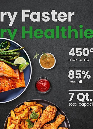 Chefman Air Fryer TurboFry 7-Qt, 6-in-1 High-Powered 450°F Cooking for Crispier Results, Compact Space-Saving Design, Air Fry, Bake, Broil, Reheat, Dehydrate, Defrost, Fast & Even Cooking – Black