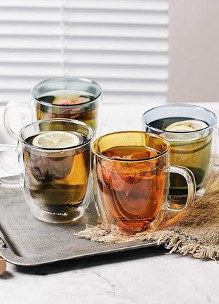 BTaT- Colored Double Walled Glass Coffee Mugs, Set of 4 (12oz, 350ml), Assorted Colors, Colorful Coffee Cups, Insulated Coffee Mug, Double Wall Glass Coffee Cups, Tea Cups