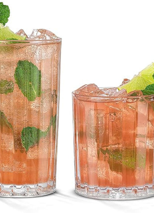 JoyJolt Drinking Glasses Set of 8, Alina Ribbed Glassware. 12oz Rocks Glass and 14oz Highball Glass set. Cocktail Glasses, Iced Coffee Cup or Water cups. Heavy Base Glassware Set