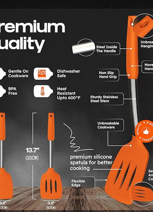 Silicone Spatula Set - Turner Spatulas Silicone Heat Resistant 600°F - Slotted & Solid Silicone Spatulas for Cooking Fish, Eggs, Pancakes Flipper – Silicone Cooking Utensils Set – Orange