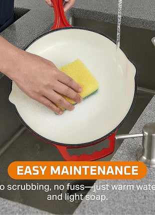 Bruntmor Set of 3 Enameled Cast Iron Skillets - Includes 8, 10, and 12 Inch Cast Iron Pan with Ceramic Nonstick Coating and Tempered Glass Lid - Durable Cookware for Frying, Baking, and Grilling - Red