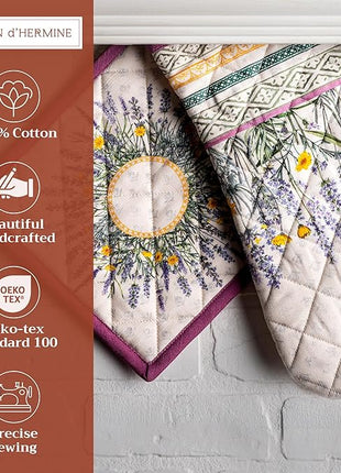 Maison d' Hermine 100% Cotton Oven Mitt & Pot Holder Set (7.5"x13" & 8"x8") Heat Resistant BBQ Cooking Gloves with Loop, Baking, Grilling, Kitchen, Handling Hot Pans Spring/Summer (Fanny Lavender)