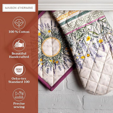 Maison d' Hermine 100% Cotton Oven Mitt & Pot Holder Set (7.5"x13" & 8"x8") Heat Resistant BBQ Cooking Gloves with Loop, Baking, Grilling, Kitchen, Handling Hot Pans Spring/Summer (Fanny Lavender)