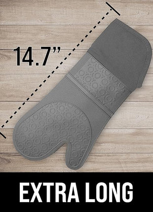 BPA-Free Soft Silicone Oven Mitts - Ultra Heat Resistant Oven Mitts with Thick Cotton Liner - Extra Long Slip Resistant Pot Holders, Flexible Oven Gloves - Gray 14.7"