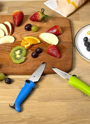 Kuhn Rikon Kinderkitchen® Kids Chef Knife Set With Scissors, 3 Pieces, Green/Blue/White| Cutting Tools Made for Real Cooking | Child Friendly Animal Designs With Hand Guard & Snipper Cover For Safety
