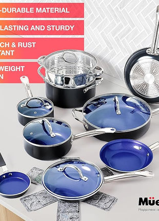 Mueller UltraClad Sapphire Pots and Pans Set Nonstick, 14 Piece Induction Cookware Sets, Aluminum Body, Includes Non Stick Deep Frying Pan, Sauce Pans for Cooking, Dutch Oven and More
