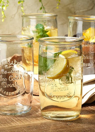 Glaver's Drinking Glasses Set of 4, Vintage Italian Style – Elegant 20 Oz Clear Tumbler Glassware Set– Genuine Artisan-Made for, Refreshing Drinks, Beverages, Cocktails.