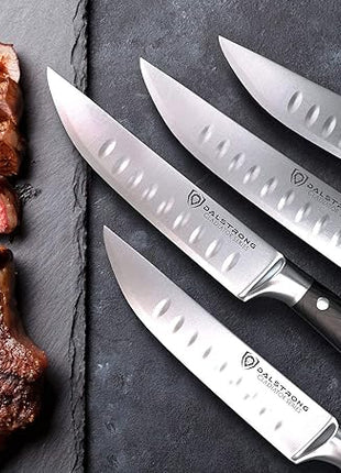 Dalstrong Steak Knife Set - 4-Piece - 5 inch Straight - Gladiator Series Elite - Forged German High-Carbon Steel - Black G10 Handle - Sheaths - Dinner Set - NSF Certified