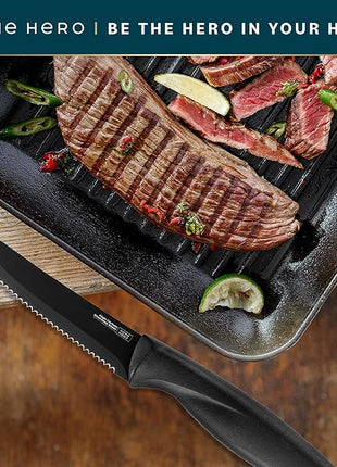 Home Hero Steak Knife Set - Effortless Cutting & Serrated Steak Knives - Rust-Resistant Stainless Steel Blades & Cutlery Set - Comfort-Grip Handles & Kitchen Knife Set - Pack of 4, Black