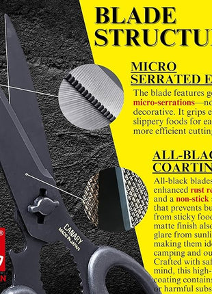 CANARY Japanese Kitchen Scissors All Purpose Heavy Duty 8.2" Matte Black, Made in JAPAN, Dishwasher Safe Come Apart Blade, Multipurpose Kitchen Shears, Sharp Serrated Japanese Stainless Steel Blade