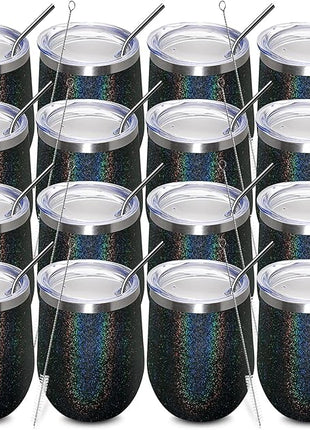 MEWAY 12oz/16 Pack Wine Tumbler Glasses with Lid - Stemless Double Wall Vacuum Stainless Steel Glitter Tumbler - Keeping Cold & Hot Cup for Coffee,Gift for Women(Rainbow Black,Set of 16)