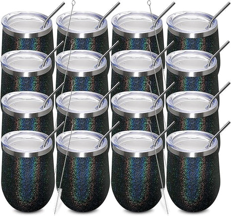 MEWAY 12oz/16 Pack Wine Tumbler Glasses with Lid - Stemless Double Wall Vacuum Stainless Steel Glitter Tumbler - Keeping Cold & Hot Cup for Coffee,Gift for Women(Rainbow Black,Set of 16)