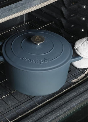 Crock-Pot Artisan 5-Quart Round European Enameled Cast Iron Dutch Oven with Lid – Matte Navy Blue, Durable Oven Safe Cookware