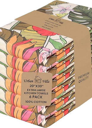 Urban Villa Kitchen Towels Set of 6 Hibiscus Print Kitchen Towels 20X30 Inches 100% Cotton Highly Absorbent Kitchen Towels Premium Quality Ultra Soft Mitered Corners KitchenTowels