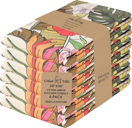 Urban Villa Kitchen Towels Set of 6 Hibiscus Print Kitchen Towels 20X30 Inches 100% Cotton Highly Absorbent Kitchen Towels Premium Quality Ultra Soft Mitered Corners KitchenTowels