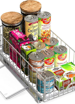 Simple Houseware Pull-Out Cabinet Sliding Basket Organizer, 17.2" D x 9.7" W x 5" H – Chrome Finished, Ideal for Kitchen and Bathroom Cabinet Storage, Under Sink or Pantry Organization