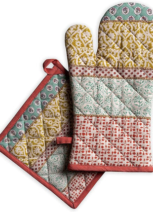 Maison d' Hermine 100% Cotton Oven Mitt & Pot Holder Set (7.5"x13" & 8"x8") Heat Resistant BBQ Cooking Gloves with Loop, Baking, Grilling, Kitchen, Handling Hot Pans Spring/Summer (Provence)