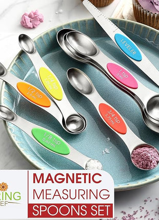 Spring Chef Stainless Steel Magnetic Measuring Spoons Set of 8 with Leveler, Nesting Metal Teaspoon & Tablespoon Measuring Spoons, Kitchen Gadgets for Baking & Cooking, Fits in Most Spice Jars - Neon
