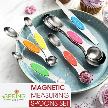 Spring Chef Stainless Steel Magnetic Measuring Spoons Set of 8 with Leveler, Nesting Metal Teaspoon & Tablespoon Measuring Spoons, Kitchen Gadgets for Baking & Cooking, Fits in Most Spice Jars - Neon