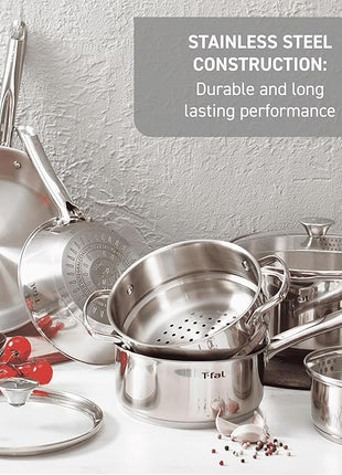 T-Fal Gourmet Stainless Steel Fry Pan 12.5 Inch Induction Compatible Skillet Pan, Fast and Even Heating, Oven Safe to 500F, Professional Grade Cookware for Home Chefs