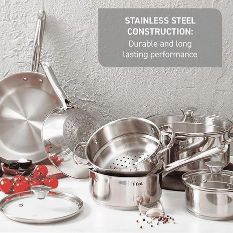 T-Fal Gourmet Stainless Steel Fry Pan 12.5 Inch Induction Compatible Skillet Pan, Fast and Even Heating, Oven Safe to 500F, Professional Grade Cookware for Home Chefs