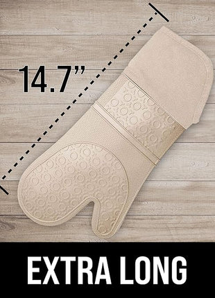 BPA-Free Silicone Oven Mitts Ultra Heat Resistant up to 500°F - Oven Mitts with Thick Cotton Liner - Long Slip Resistant Pot Holders, Flexible Oven Gloves - Beige 14.7