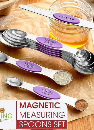 Spring Chef Magnetic Measuring Spoons Set, Dual Sided, Stainless Steel, Fits in Spice Jars, Orchid, Set of 8, 2 Pack