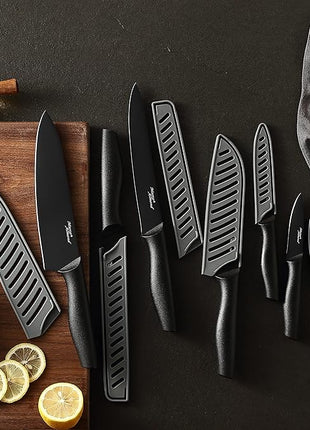 Kitchen Knife Set, KYA38 12-Piece Kitchen Knives Set with Covers, Marco Almond® 6 Knives with 6 Blade Guards, Stainless Steel Cooking Knives Set for Kitchen, Black