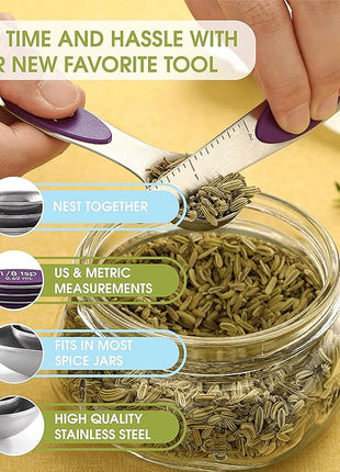 Spring Chef Purple Stainless Steel Magnetic Measuring Spoons Set of 8 with Leveler, Dual Sided Metal Teaspoon & Tablespoon Measuring Spoons, Kitchen Gadgets for Baking & Cooking, Fits in Spice Jars