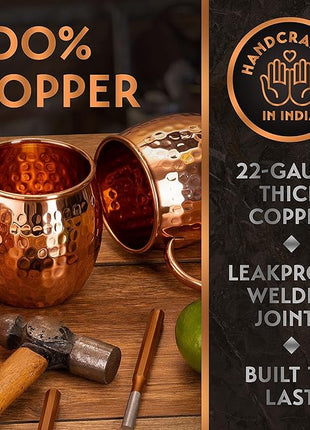 Gift Set Moscow Mule Mugs Set Of 4 16 oz Solid Cooper, 100% Pure Copper Cups HANDCRAFTED, BONUS 4 Straws, 4 Wood Coasters, Stirring Spoon, Shot Glass and Cleaning brush (Oval)