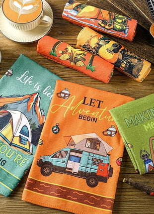 Boyiee Set of 6 Camping Kitchen Towels Absorbent Dishcloths Bonfire Tent Car Tea Towels 24 x 16 Inches with Funny Sayings Novelty Gifts for Campers Happy Camper Camping Accessories for Rv Campers