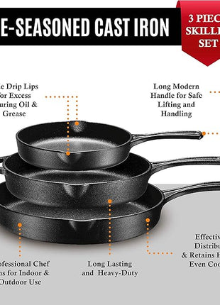 Bruntmor 8, 10 and 12 Inch Pre-Seasoned Frying Pan Set of 3, Oven Safe Skillet, Grill Pan Set, Nonstick Cookware with Side Drip Lips, Black