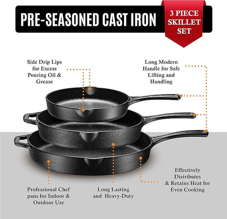 Bruntmor 8, 10 and 12 Inch Pre-Seasoned Frying Pan Set of 3, Oven Safe Skillet, Grill Pan Set, Nonstick Cookware with Side Drip Lips, Black