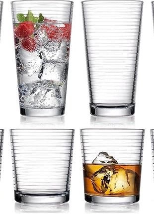 Drinking Glasses - Set of 8 Glass Cups, 4 Highball Glasses (17oz) 4 Rocks Glasses (13oz) Ribbed Glasses for Mixed Drinks, Water, Juice, beer, Wine, Excellent Gift!