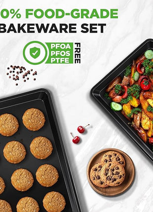 NutriChef 2-Piece Baking Sheet Non Stick - Premium Carbon Steel Cookie Sheets for Baking - Large and Medium Baking Trays for Oven - Black