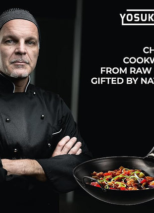 YOSUKATA 14" Carbon Steel Wok with Round Bottom – Pre-Seasoned Pow Wok for Stir Fry – Traditional Chinese Japanese Black Steel Pan – Outdoor Cookware for Gas Stovetops, Open Fire, BBQ, Camping