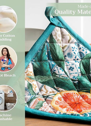 Maison d' Hermine Pot Holders 100% Cotton Heat Resistant Potholders 8" x 8" Hot Pads with Loop BBQ, Cooking, Baking, Grilling, Kitchen, Handling Hot Pans Spring/Summer (Pack of 1, Agrume)
