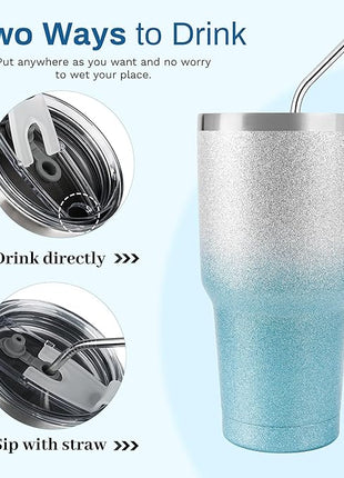 D·S 30 oz Tumbler Blue Glitter Gradient Cup Stainless Steel Double Wall Vacuum Insulated Mug with Straw and Lid, Cleaning Brush for Cold and Hot Beverages