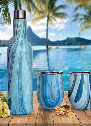 CHILLOUT LIFE 12 oz Stainless Steel Wine Tumblers 2 Pack & 1 Insulated Wine Bottle - Double Wall Vacuum Insulated Wine Glasses Cups with Lids and Straws Set Keeping Cold & Hot Gift Set