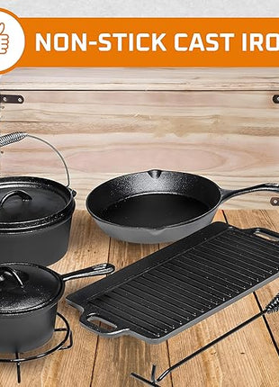 Bruntmor Camping Cooking Set of 7. Pre Seasoned Cast Iron Pots and Pans Dutch Oven with Lids for Outdoor Comefire. Grill Cookware Skillet Sets with Storage Box