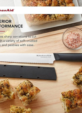 KitchenAid Classic Serrated Bread Knife with Custom-Fit Blade Cover, 8-inch, Sharp Kitchen Knife, High-Carbon Japanese Stainless Steel Blade, Black
