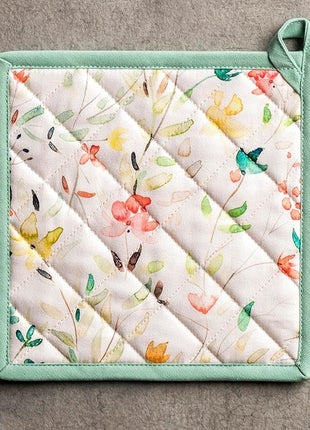 Maison d' Hermine 100% Cotton Oven Mitt & Pot Holder Set (7.5"x13" & 8"x8") Heat Resistant BBQ Cooking Gloves with Loop, Baking, Grilling, Kitchen, Handling Hot Pans Spring/Summer (Colmar)